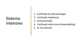 Sistema
intensivo
1. Confinado de alta tecnologia
2. Confinado tradicional
3. Semiconfinado
4. Confinado sobre cama (deep bedding)
5. Ar livre (Siscal)
 