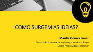 COMO SURGEM AS IDEIAS?
Marília Gomes Ismar
Gerente de Projetos e Inovação Agropecuária – Seapa
LeSolo Produtividade/Resenhar
 