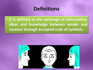 Definitions
• It is defined as the exchange of information,
ideas and knowledge between sender and
receiver through accepted code of symbols.
Shital S. Patil
 