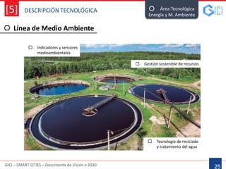 DESCRIPCIÓN TECNOLÓGICA
GICI – SMART CITIES – Documento de Visión a 2030
[5]
Línea de Medio Ambiente
25
Área Tecnológica
Energía y M. Ambiente
 Indicadores y sensores
medioambientales
 Gestión sostenible de recursos
 Tecnología de reciclado
y tratamiento del agua
 