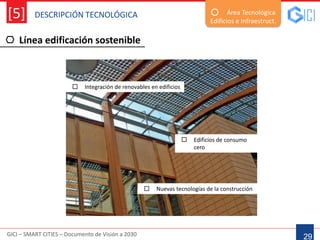 DESCRIPCIÓN TECNOLÓGICA
GICI – SMART CITIES – Documento de Visión a 2030
[5]
Línea edificación sostenible
29
Área Tecnológica
Edificios e Infraestruct.
 Integración de renovables en edificios
 Nuevas tecnologías de la construcción
 Edificios de consumo
cero
 