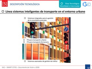 DESCRIPCIÓN TECNOLÓGICA
GICI – SMART CITIES – Documento de Visión a 2030
[5]
Línea sistemas inteligentes de transporte en el entorno urbano
32
Área Tecnológica
Movilidad e Intermodal.
 Sistemas integrados para la gestión
de la movilidad sostenible
 ITS para transporte urbano
 ITS para transporte ferroviario
 Sistemas avanzados de gestión de tráfico
 