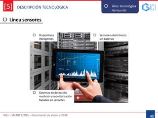DESCRIPCIÓN TECNOLÓGICA
GICI – SMART CITIES – Documento de Visión a 2030
[5]
Línea sensores
40
Área Tecnológica
Horizontal--
 Sistemas de detección,
medición y monitorización
basados en sensores
 Sensores electrónicos
sin baterías
 Dispositivos
inteligentes
 