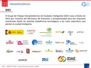 PRESENTACIÓN GICI
GICI – SMART CITIES – Documento de Visión a 2030
[2]
8
El Grupo de Trabajo Interplataformas de Ciudades Inteligentes (GICI) nace a finales de
2013 por iniciativa del Ministerio de Economía y Competitividad para dar respuesta
coordinada desde las distintas plataformas tecnológicas a los retos específicos que
plantea la ciudad inteligente.
GICI
 