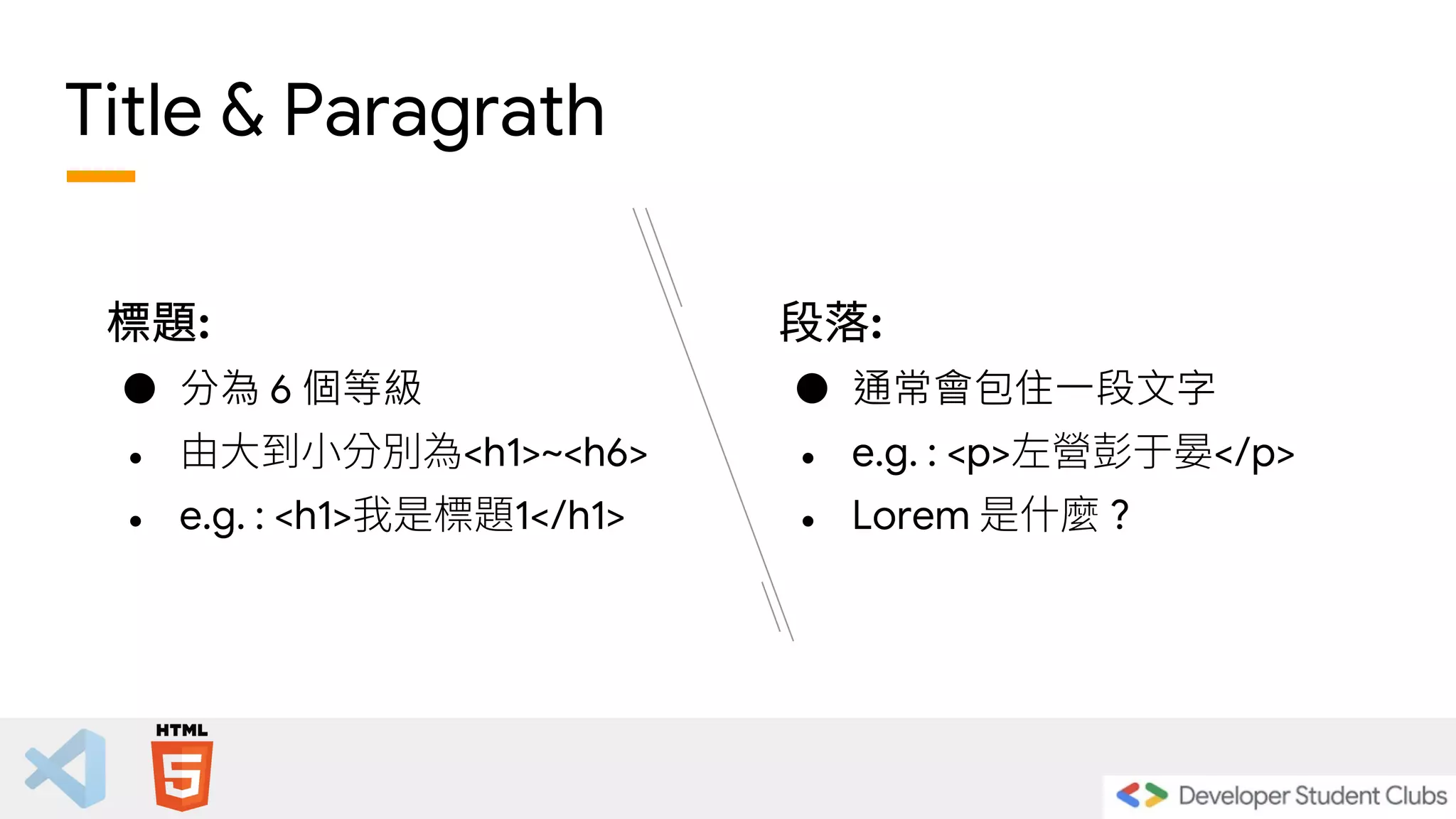 Title & Paragrath
標題:
● 分為 6 個等級
● 由大到小分別為<h1>~<h6>
● e.g. : <h1>我是標題1</h1>
段落:
● 通常會包住一段文字
● e.g. : <p>左營彭于晏</p>
● Lorem 是什麼 ?
 