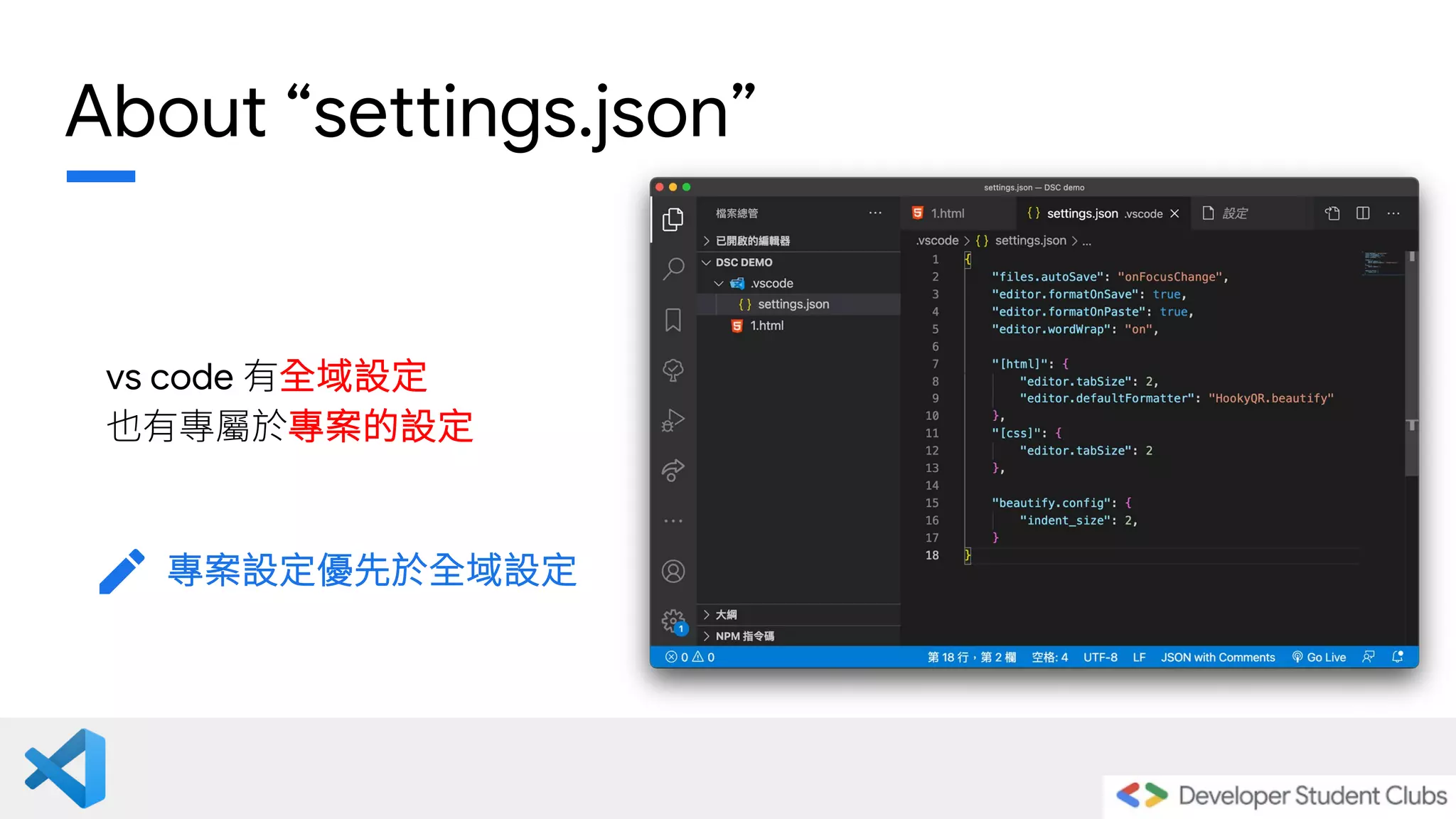 About “settings.json”
vs code 有全域設定
也有專屬於專案的設定
專案設定優先於全域設定
 