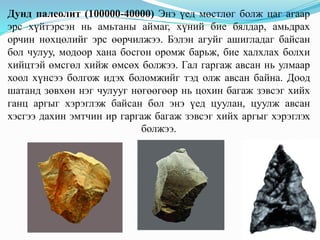 Дунд палеолит (100000-40000) Энэ үед мөстлөг болж цаг агаар
эрс хүйтэрсэн нь амьтаны аймаг, хүний бие бялдар, амьдрах
орчин нөхцөлийг эрс өөрчилжээ. Бэлэн агуйг ашигладаг байсан
бол чулуу, модоор хана босгон оромж барьж, бие халхлах болхи
хийцтэй өмсгөл хийж өмсөх болжээ. Гал гаргаж авсан нь улмаар
хоол хүнсээ болгож идэх боломжийг тэд олж авсан байна. Доод
шатанд зөвхөн нэг чулууг нөгөөгөөр нь цохин багаж зэвсэг хийх
ганц аргыг хэрэглэж байсан бол энэ үед цуулан, цуулж авсан
хэсгээ дахин эмтчин ир гаргаж багаж зэвсэг хийх аргыг хэрэглэх
болжээ.
 