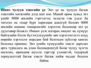 Шинэ чулуун зэвсгийн үе Энэ үе нь чулуун багаж
зэвсгийн хөгжлийн дээд шат юм. Манай орны хувьд энэ
үеийг 8000 жилийн тэртээгээс эхэлсэн гэж үздэг ба
төгсгөл нь газар бүрт харилцан адилгүй боловч 4000
жилийн өмнөөс төмөрлөгийг хэрэглэх болсноор энэ үе
дуусгавар болжээ. Өмнөх үеэс ялгарах онцлог нь хүмүүс
байгалийн бэлэн бүтээгдэхүүнийг авч хэрэглэхээсээ илүү
өөрийн хэрэгцээг өөрсдөө бий болгосон зүйлээр хангах
болсонд оршино. Энэ үеийн хүмүүсийн зэвсэг дархлах
арга туршлага нь улам боловсронгуй болж чулуу зүлгэх
өнгөлөх, өрөмдөж нүхлэх зэргээр үзэмжтэй, тодорхой
зориулалттай багаж зэвсэг багаж хийж чаддаг болсон
байна.
 