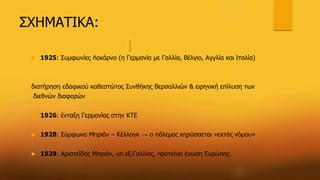 ΣΧΗΜΑΤΙΚΑ:
 1925: Συμφωνίες Λοκάρνο (η Γερμανία με Γαλλία, Βέλγιο, Αγγλία και Ιταλία)
διατήρηση εδαφικού καθεστώτος Συνθήκης Βερσαλλιών & ειρηνική επίλυση των
διεθνών διαφορών
 1926: ένταξη Γερμανίας στην ΚΤΕ
 1928: Σύμφωνο Μπριάν – Κέλλογκ → ο πόλεμος κηρύσσεται «εκτός νόμου»
 1929: Αριστείδης Μπριάν, υπ.εξ.Γαλλίας, προτείνει ένωση Ευρώπης.
 