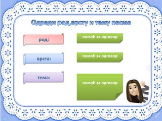 род:
врста:
тема:
лирика
мисаона песма
одрастање,
прелазак из
детињства у
свет одраслих
помоћ за одговор
помоћ за одговор
помоћ за одговор
 