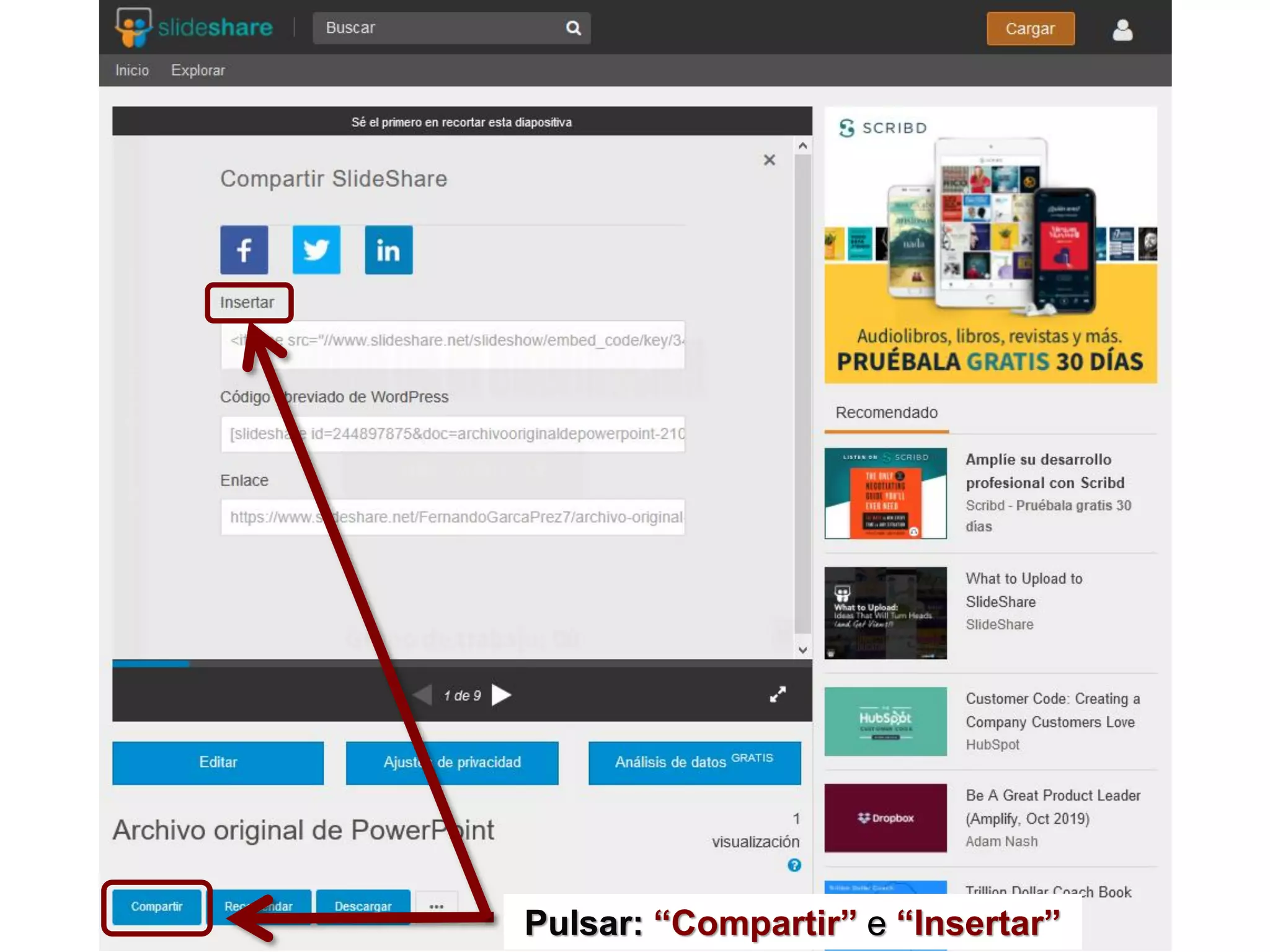 Pulsar: “Compartir” e “Insertar”