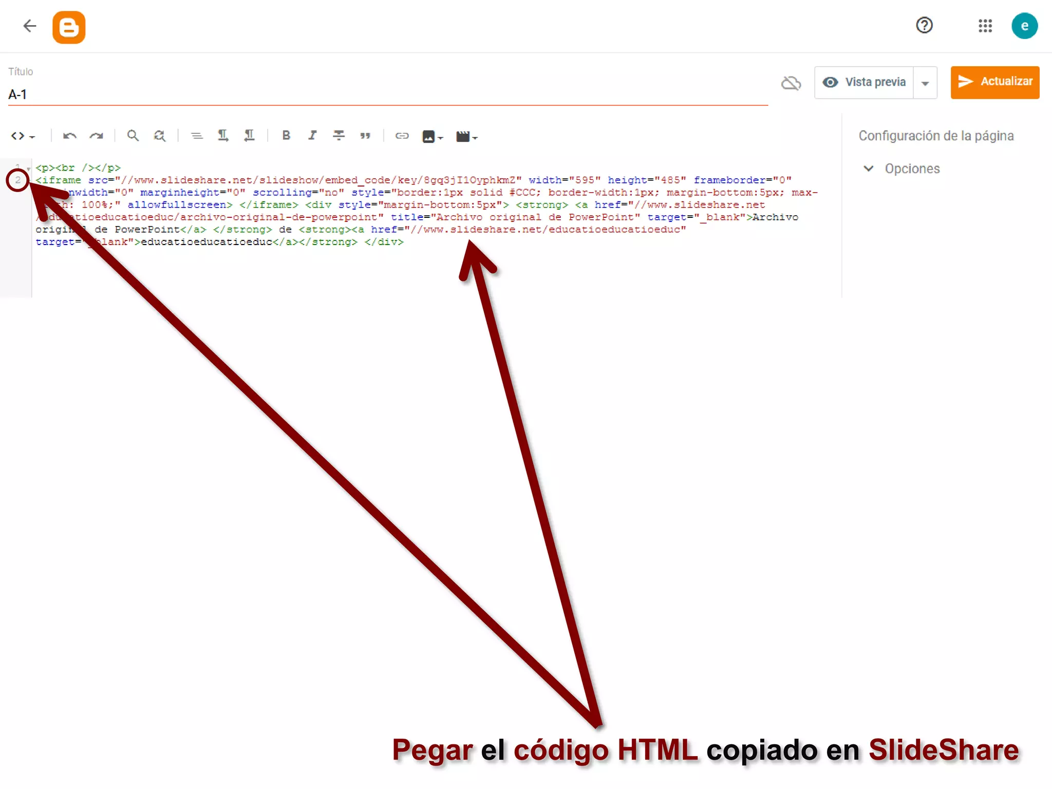 Pegar el código HTML copiado en SlideShare