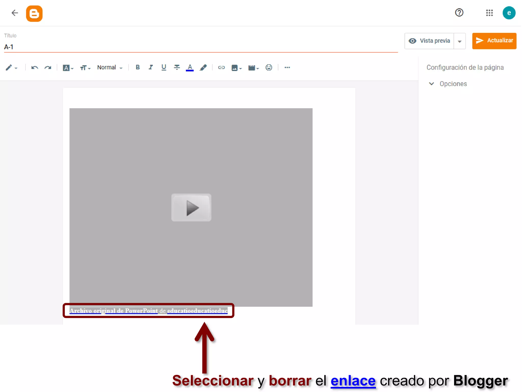 Seleccionar y borrar el enlace creado por Blogger