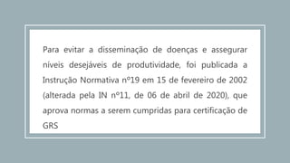 Para evitar a disseminação de doenças e assegurar
níveis desejáveis de produtividade, foi publicada a
Instrução Normativa nº19 em 15 de fevereiro de 2002
(alterada pela IN nº11, de 06 de abril de 2020), que
aprova normas a serem cumpridas para certificação de
GRS
 