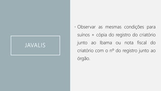 JAVALIS
• Observar as mesmas condições para
suínos + cópia do registro do criatório
junto ao Ibama ou nota fiscal do
criatório com o nº do registro junto ao
órgão.
 