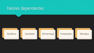 Fatores dependentes
Genética Sanidade Alimentaçã Instalações Manejos
 