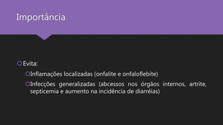 Importância
Evita:
Inflamações localizadas (onfalite e onfaloflebite)
Infecções generalizadas (abcessos nos órgãos internos, artrite,
septicemia e aumento na incidência de diarréias)
 