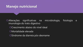 Alterações significativas na microbiologia, fisiologia e
imunologia do trato digestivo
Crescimento abaixo do nível ideal
Mortalidade elevada
Síndrome da diarreia pós-desmame
Manejo nutricional
 