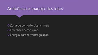 Ambiência e manejo dos lotes
Zona de conforto dos animais
Frio reduz o consumo
Energia para termorregulação
 