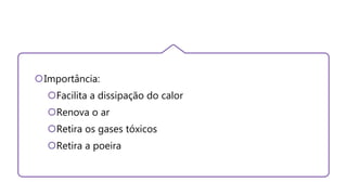 Importância:
Facilita a dissipação do calor
Renova o ar
Retira os gases tóxicos
Retira a poeira
 