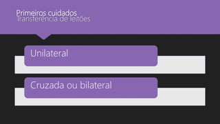 Primeiros cuidados
Transferência de leitões
Unilateral
Cruzada ou bilateral
 