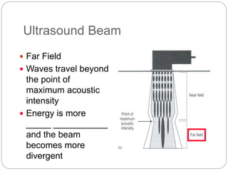 Ultrasound Beam
 Far Field
 Waves travel beyond
the point of
maximum acoustic
intensity
 Energy is more
_____ ___________
and the beam
becomes more
divergent
 