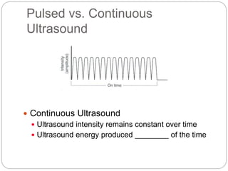 Pulsed vs. Continuous
Ultrasound
 Continuous Ultrasound
 Ultrasound intensity remains constant over time
 Ultrasound energy produced ________ of the time
 