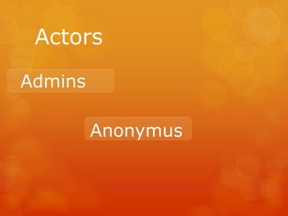 Actors
Admins
Anonymus