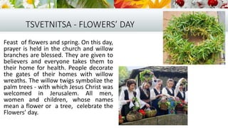 TSVETNITSA - FLOWERS’ DAY
Feast of flowers and spring. On this day,
prayer is held in the church and willow
branches are blessed. They are given to
believers and everyone takes them to
their home for health. People decorate
the gates of their homes with willow
wreaths. The willow twigs symbolize the
palm trees - with which Jesus Christ was
welcomed in Jerusalem. All men,
women and children, whose names
mean a flower or a tree, celebrate the
Flowers’ day.
 