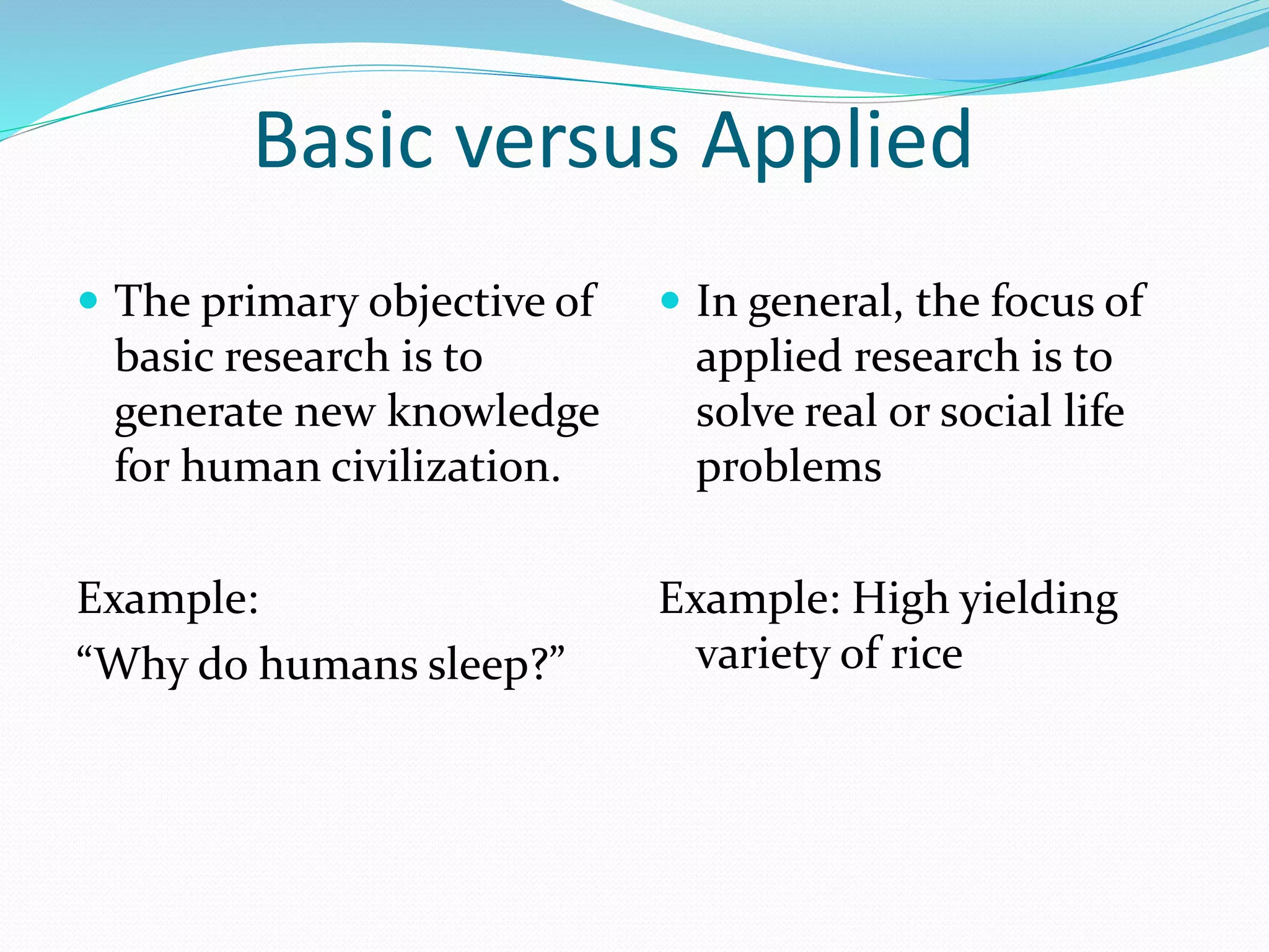 Basic versus Applied
 The primary objective of
basic research is to
generate new knowledge
for human civilization.
Example:
“Why do humans sleep?”
 In general, the focus of
applied research is to
solve real or social life
problems
Example: High yielding
variety of rice
 