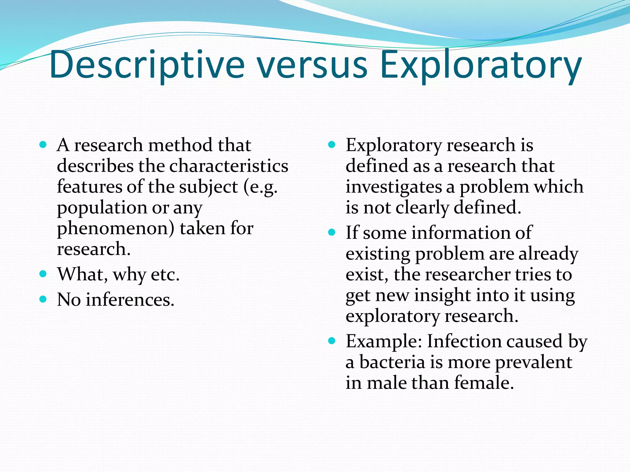 Descriptive versus Exploratory
 A research method that
describes the characteristics
features of the subject (e.g.
population or any
phenomenon) taken for
research.
 What, why etc.
 No inferences.
 Exploratory research is
defined as a research that
investigates a problem which
is not clearly defined.
 If some information of
existing problem are already
exist, the researcher tries to
get new insight into it using
exploratory research.
 Example: Infection caused by
a bacteria is more prevalent
in male than female.
 