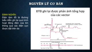 NGUYÊN LÝ CƠ BẢN
ĐỊNH NGHĨA:
Điện tâm đồ là đường
biểu diễn ghi lại quá trình
hoạt động điện của tim
thông qua các điện cực
được đặt trên da
 