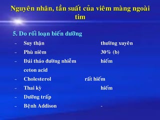 Nguyeân nhaân, taàn suaát cuûa vieâm maøng ngoaøi
tim
5. Do roái loaïn bieán döôõng
– Suy thaän thöôøng xuyeân
– Phuø nieâm 30% (b)
– Ñaùi thaùo ñöôøng nhieãm hieám
ceton acid
– Cholesterol raát hieám
– Thai kyø hieám
– Döôõng traáp
– Beänh Addison -
 