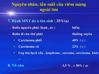 Nguyeân nhaân, taàn suaát cuûa vieâm maøng
ngoaøi tim
7. Beänh MNT do u taân sinh : 35%(a)
– Böôùu nguyeân phaùt (laønh , aùc ) hieám
– Böôùu di caên thöù phaùt thöôøng xuyeân
▪ Carcinoma phoåi 40% ( c )
▪ Carcinoma vuù 22% ( c )
▪ Ung thö baïch caàu , lymphoma , sarcoma, carcinoma khaùc
…
8. Voâ caên 3,5 % , > 50% ( a)
 