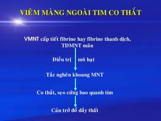 VIEÂM MAØNG NGOAØI TIM CO THAÉT
VMNT caáp tieát fibrine hay fibrine thanh dòch,
TDMNT maõn
Ñieàu trò moâ haït
Taéc ngheõn khoang MNT
Co thaét, seïo cöùng bao quanh tim
Caûn trôû ñoå daày thaát
 