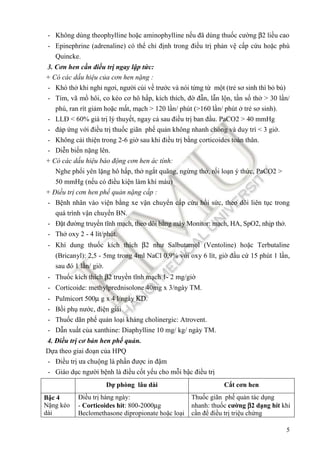 5
- Không dùng theophylline hoặc aminophylline nếu ñã dùng thuốc cường β2 liều cao
- Epinephrine (adrenaline) có thể chỉ ñịnh trong ñiều trị phản vệ cấp cứu hoặc phù
Quincke.
3. Cơn hen cần ñiều trị ngay lập tức:
+ Có các dấu hiệu của cơn hen nặng :
- Khó thở khi nghỉ ngơi, người cúi về trước và nói từng từ một (trẻ sơ sinh thì bỏ bú)
- Tím, vã mồ hôi, co kéo cơ hô hấp, kích thích, ñờ ñẫn, lẫn lộn, tần số thở > 30 lần/
phú, ran rít giảm hoặc mất, mạch > 120 lần/ phút (>160 lần/ phút ở trẻ sơ sinh).
- LLĐ < 60% giá trị lý thuyết, ngay cả sau ñiều trị ban ñầu. PaCO2 > 40 mmHg
- ñáp ứng với ñiều trị thuốc giãn phế quản không nhanh chóng và duy trì < 3 giờ.
- Không cải thiện trong 2-6 giờ sau khi ñiều trị bằng corticoides toàn thân.
- Diễn biến nặng lên.
+ Có các dấu hiệu báo ñộng cơn hen ác tính:
Nghe phổi yên lặng hô hấp, thở ngắt quãng, ngừng thở, rối loạn ý thức, PaCO2 >
50 mmHg (nếu có ñiều kiện làm khí máu)
+ Điều trị cơn hen phế quản nặng cấp :
- Bệnh nhân vào viện bằng xe vận chuyển cấp cứu hồi sức, theo dõi liên tục trong
quá trình vận chuyển BN.
- Đặt ñường truyền tĩnh mạch, theo dõi bằng máy Monitor: mạch, HA, SpO2, nhịp thở.
- Thở oxy 2 - 4 lít/phút.
- Khí dung thuốc kích thích β2 như Salbutamol (Ventoline) hoặc Terbutaline
(Bricanyl): 2,5 - 5mg trong 4ml NaCl 0,9% với oxy 6 lít, giờ ñầu cứ 15 phút 1 lần,
sau ñó 1 lần/ giờ.
- Thuốc kích thích β2 truyền tĩnh mạch 1- 2 mg/giờ
- Corticoide: methylprednisolone 40mg x 3/ngày TM.
- Pulmicort 500µ g x 4 l/ngày KD.
- Bồi phụ nước, ñiện giải
- Thuốc dãn phế quản loại kháng cholinergic: Atrovent.
- Dẫn xuất của xanthine: Diaphylline 10 mg/ kg/ ngày TM.
4. Điều trị cơ bản hen phế quản.
Dựa theo giai ñoạn của HPQ
- Điều trị ưa chuộng là phần ñược in ñậm
- Giáo dục người bệnh là ñiều cốt yếu cho mỗi bậc ñiều trị
Dự phòng lâu dài Cắt cơn hen
Bậc 4
Nặng kéo
dài
Điều trị hàng ngày:
- Corticoides hít: 800-2000µg
Beclomethasone dipropionate hoặc loại
Thuốc giãn phế quản tác dụng
nhanh: thuốc cường β
β
β
β2 dạng hít khi
cần ñể ñiều trị triệu chứng
 