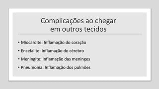 • Miocardite: Inflamação do coração
• Encefalite: Inflamação do cérebro
• Meningite: Inflamação das meninges
• Pneumonia: Inflamação dos pulmões
Complicações ao chegar
em outros tecidos
 
