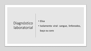 Diagnóstico
laboratorial
• Elisa
• Isolamento viral: sangue, linfonodos,
baço ou soro
 