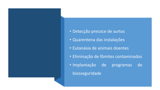 • Detecção precoce de surtos
• Quarentena das instalações
• Eutanásia de animais doentes
• Eliminação de fômites contaminados
• Implantação de programas de
biosseguridade
 