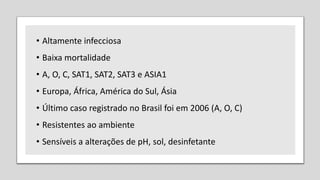 • Altamente infecciosa
• Baixa mortalidade
• A, O, C, SAT1, SAT2, SAT3 e ASIA1
• Europa, África, América do Sul, Ásia
• Último caso registrado no Brasil foi em 2006 (A, O, C)
• Resistentes ao ambiente
• Sensíveis a alterações de pH, sol, desinfetante
 