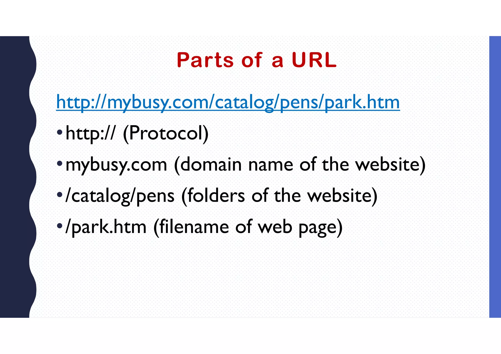 Parts of a URL
http://mybusy.com/catalog/pens/park.htm
•http:// (Protocol)
•mybusy.com (domain name of the website)
•/catalog/pens (folders of the website)
•/park.htm (filename of web page)
 