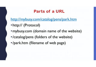 Parts of a URL
http://mybusy.com/catalog/pens/park.htm
•http:// (Protocol)
•mybusy.com (domain name of the website)
•/catalog/pens (folders of the website)
•/park.htm (filename of web page)
 