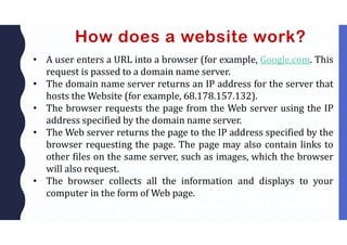 How does a website work?
• A user enters a URL into a browser (for example, Google.com. This
request is passed to a domain name server.
• The domain name server returns an IP address for the server that
hosts the Website (for example, 68.178.157.132).
• The browser requests the page from the Web server using the IP
address specified by the domain name server.
• The Web server returns the page to the IP address specified by the
browser requesting the page. The page may also contain links to
other files on the same server, such as images, which the browser
will also request.
• The browser collects all the information and displays to your
computer in the form of Web page.
 
