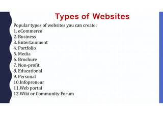 Types of Websites
Popular types of websites you can create:
1. eCommerce
2. Business
3. Entertainment
4. Portfolio
5. Media
6. Brochure
7. Non-profit
8. Educational
9. Personal
10.Infopreneur
11.Web portal
12.Wiki or Community Forum
 