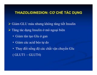 THIAZOLIDINEDION: CƠ CHẾ TÁC DỤNG
 Giảm GLU máu nhưng không tăng tiết Insulin
 Tăng tác dụng Insulin ở mô ngoại biên
• Giảm tân tạo Glu ở gan
• Giảm các acid béo tự do
• Thay đổi nồng độ các chất vận chuyển Glu
( GLUT1 – GLUT4)
 
