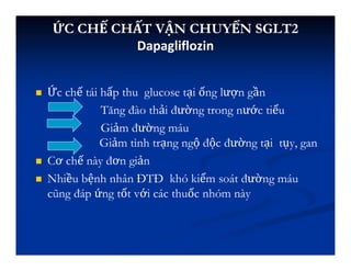 ỨC CHẾ CHẤT VẬN CHUYỂN SGLT2
Dapagliflozin
 Ức chế tái hấp thu glucose tại ống lượn gần
Tăng đào thải đường trong nước tiểu
Giảm đường máu
Giảm tình trạng ngộ độc đường tại tụy, gan
 Cơ chế này đơn giản
 Nhiều bệnh nhân ĐTĐ khó kiểm soát đường máu
cũng đáp ứng tốt với các thuốc nhóm này
 