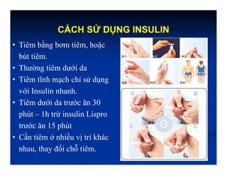 CÁCH SỬ DỤNG INSULIN
• Tiêm bằng bơm tiêm, hoặc
bút tiêm.
• Thường tiêm dưới da
• Tiêm tĩnh mạch chỉ sử dụng
với Insulin nhanh.
• Tiêm dưới da trước ăn 30
phút – 1h trừ insulin Lispro
trước ăn 15 phút
• Cần tiêm ở nhiều vị trí khác
nhau, thay đổi chỗ tiêm.
 