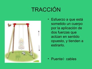 TRACCIÓN
• Esfuerzo a que está
sometido un cuerpo
por la aplicación de
dos fuerzas que
actúan en sentido
opuesto, y tienden a
estirarlo.
• Puente cables
 