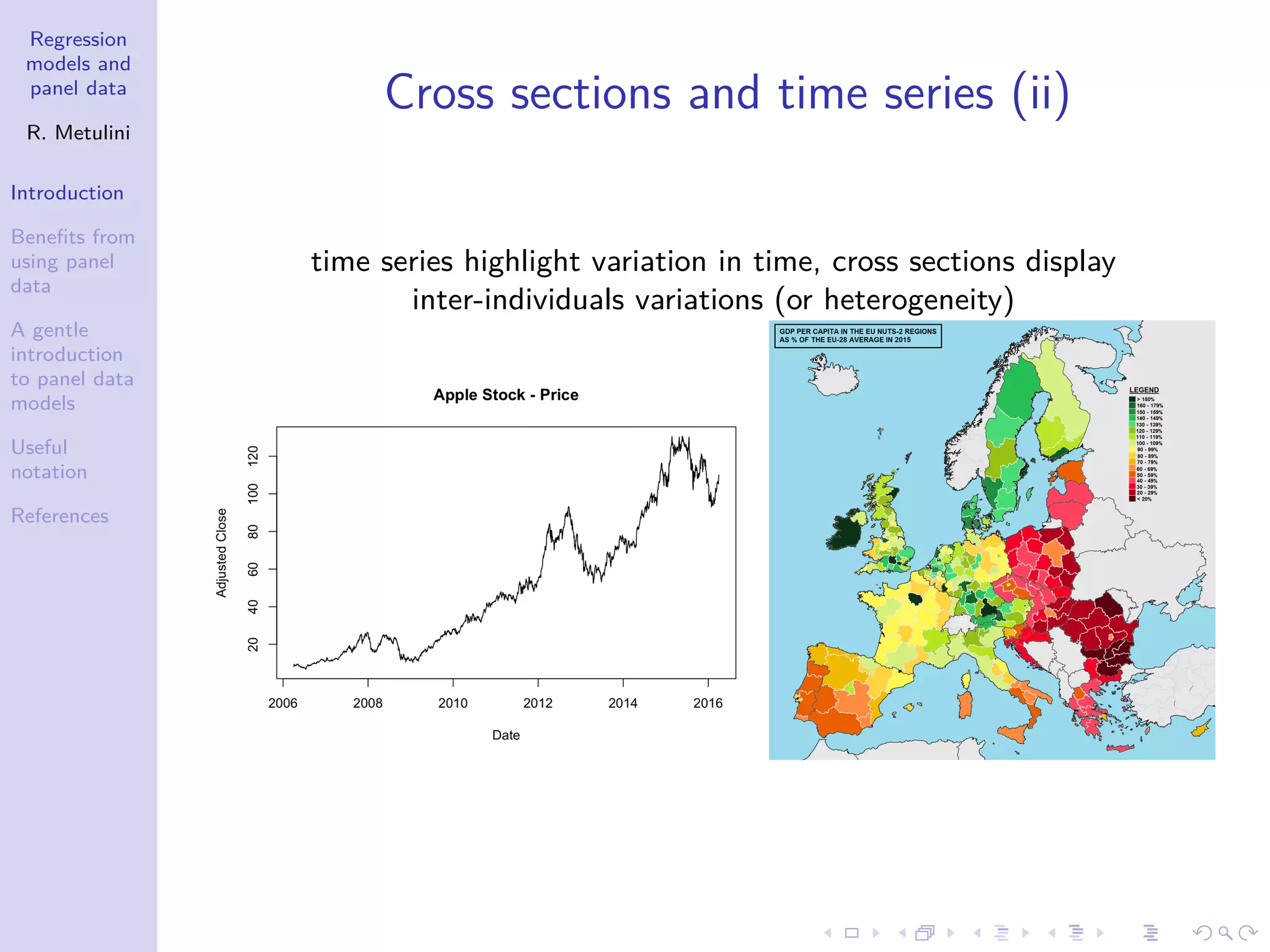 Regression
models and
panel data
R. Metulini
Introduction
Benefits from
using panel
data
A gentle
introduction
to panel data
models
Useful
notation
References
Cross sections and time series (ii)
time series highlight variation in time, cross sections display
inter-individuals variations (or heterogeneity)
 