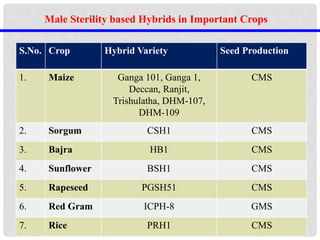 S.No. Crop Hybrid Variety Seed Production
1. Maize Ganga 101, Ganga 1,
Deccan, Ranjit,
Trishulatha, DHM-107,
DHM-109
CMS
2. Sorgum CSH1 CMS
3. Bajra HB1 CMS
4. Sunflower BSH1 CMS
5. Rapeseed PGSH51 CMS
6. Red Gram ICPH-8 GMS
7. Rice PRH1 CMS
Male Sterility based Hybrids in Important Crops
 